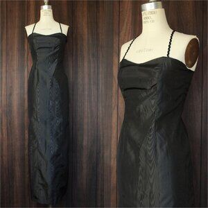 Vintage 1960s Dress, Black Taffeta Maxidress, Long Wiggle Moire, Sequin Trim